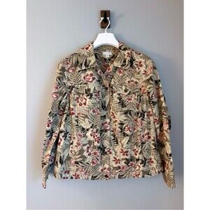 Charter Club Floral Beige Red Tropical Cotton Stretch Trucker Jacket Woman 1X